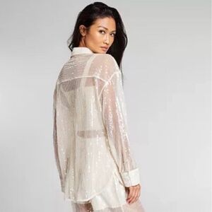 INC x Jeannie Mai Cream Sequin Long Sleeve Sheer Button Down Shirt Petite Med